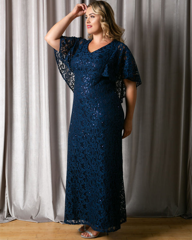 Celestial Cape Sleeve Gown in Nocturnal Navy Sequins