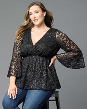 Sequin Sparkle Bell Sleeve Lace Top in Onyx