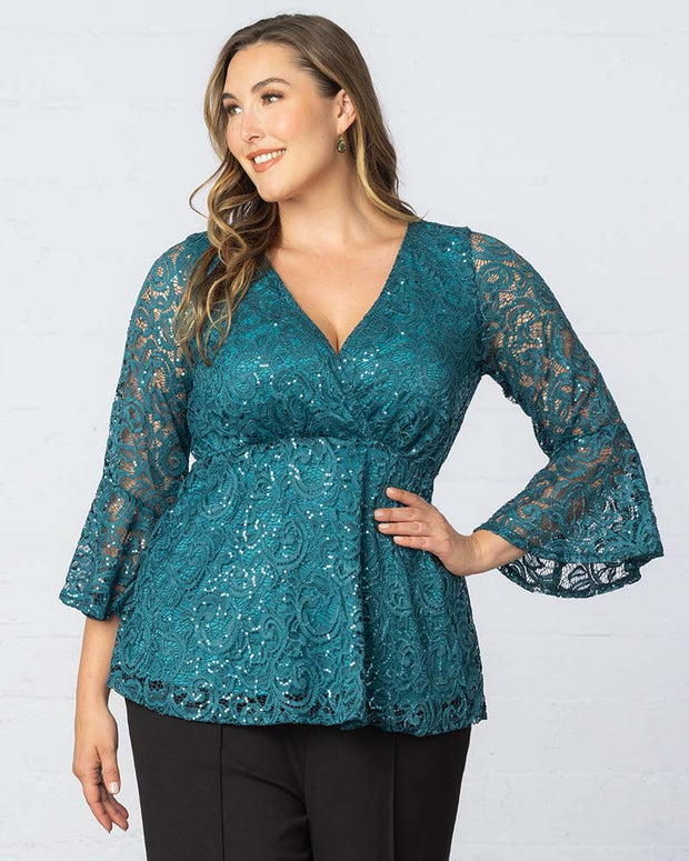 Sequin Sparkle Bell Sleeve Lace Top in Teal Topaz