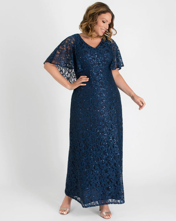Celestial Cape Sleeve Gown in Nocturnal Navy Sequins