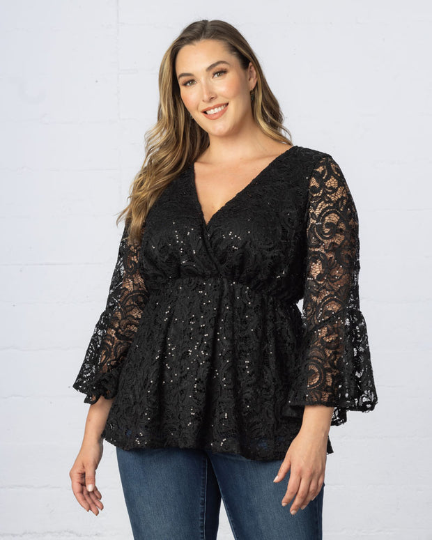 Sequin Sparkle Bell Sleeve Lace Top in Onyx