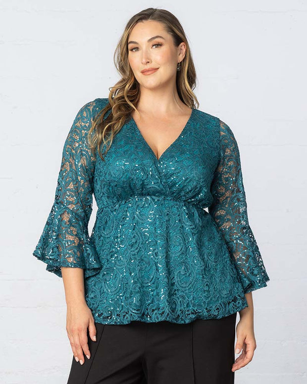 Sequin Sparkle Bell Sleeve Lace Top in Teal Topaz