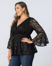 Sequin Sparkle Bell Sleeve Lace Top in Onyx