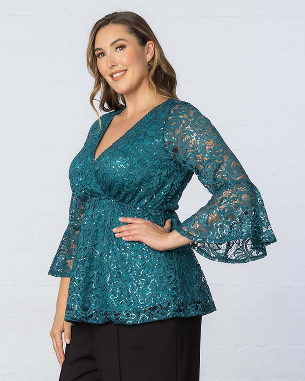 Sequin Sparkle Bell Sleeve Lace Top in Teal Topaz