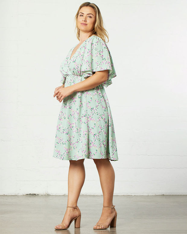 Florence Flutter Sleeve Dress in Sage Trellis Print