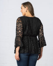 Sequin Sparkle Bell Sleeve Lace Top in Onyx