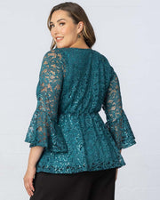 Sequin Sparkle Bell Sleeve Lace Top in Teal Topaz