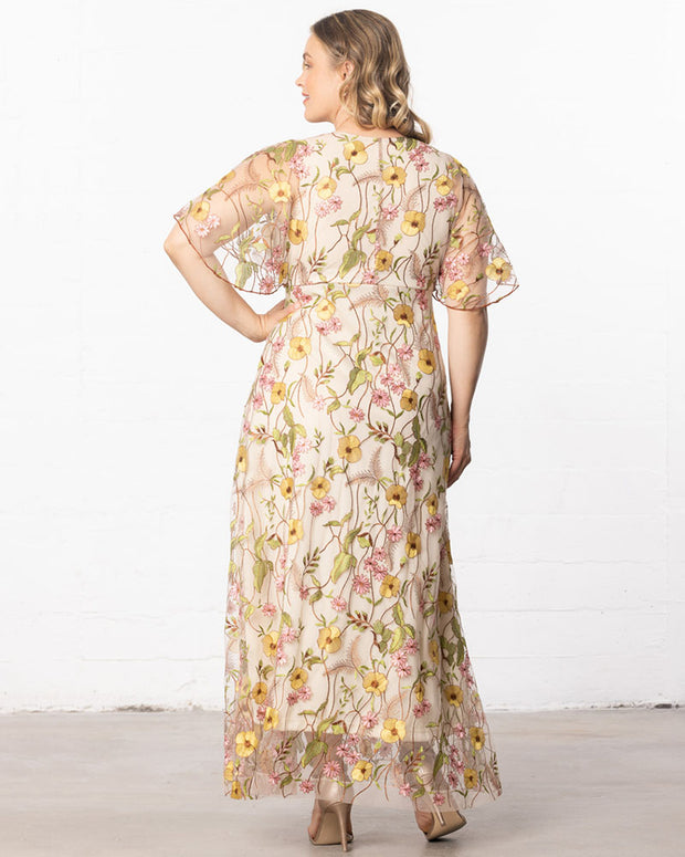 Embroidered Elegance Evening Gown in Sunkissed Garden Print
