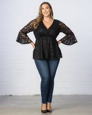 Sequin Sparkle Bell Sleeve Lace Top in Onyx
