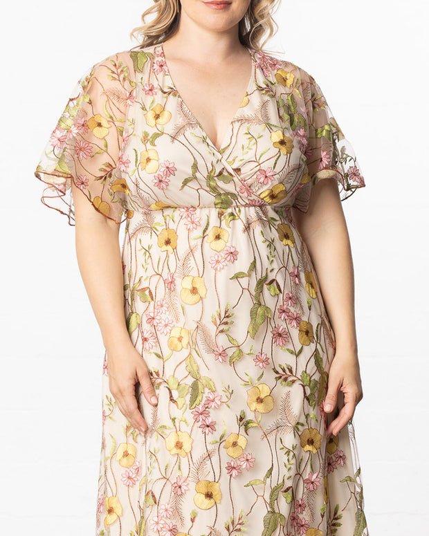 Embroidered Elegance Evening Gown in Sunkissed Garden Print