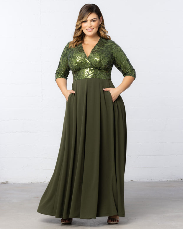 Paris Pleated Sequin Gown in Olive Green
