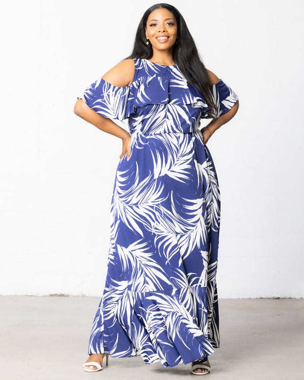 Piper Cold Shoulder Maxi Dress in Navy Palm Print