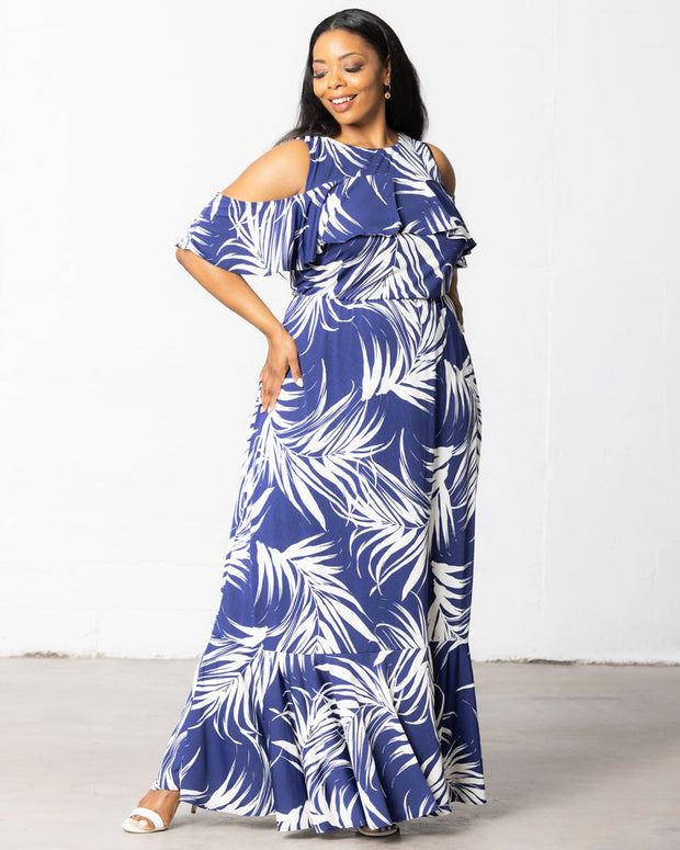 Piper Cold Shoulder Maxi Dress in Navy Palm Print