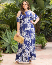 Piper Cold Shoulder Maxi Dress in Navy Palm Print