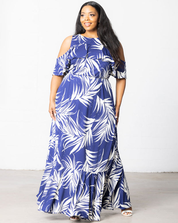 Piper Cold Shoulder Maxi Dress in Navy Palm Print