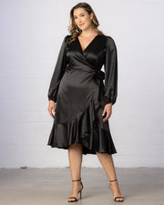 Serena Satin Ruffle Wrap Dress in Onyx