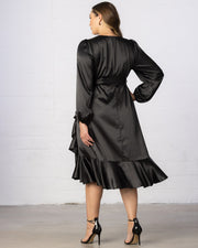 Serena Satin Ruffle Wrap Dress in Onyx
