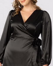 Serena Satin Ruffle Wrap Dress in Onyx