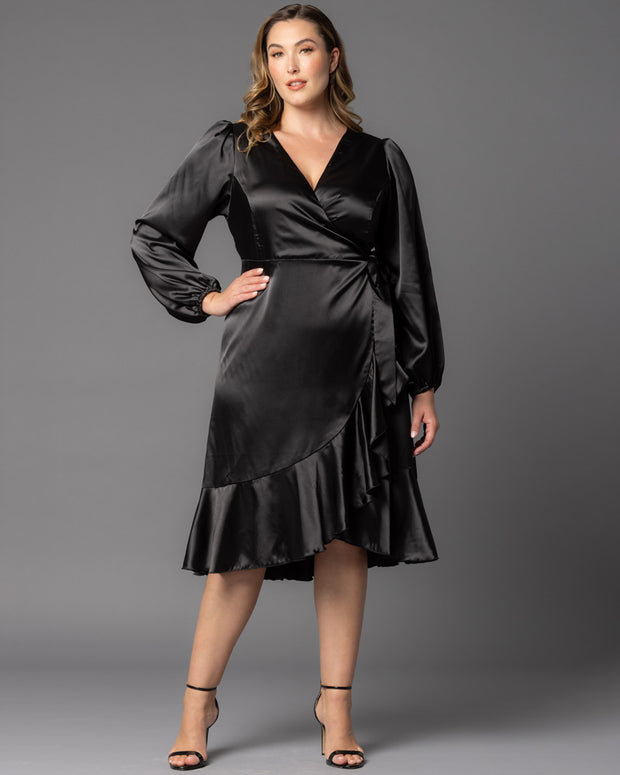 Serena Satin Ruffle Wrap Dress in Onyx