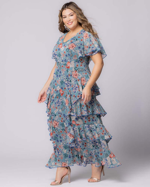 Tour De Flounce Maxi Dress in Blue Garden Print