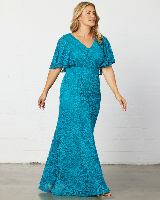 Duchess Lace Evening Gown in Teal Topaz