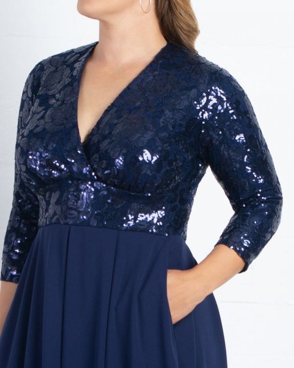 Paris Pleated Sequin Gown in Navy