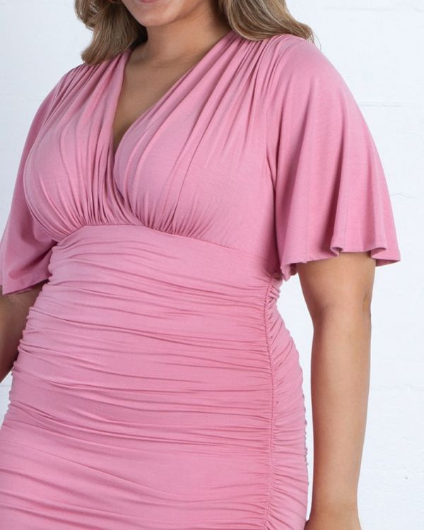 Rumor Ruched Dress in Rose Quartz