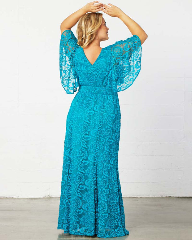 Duchess Lace Evening Gown in Teal Topaz