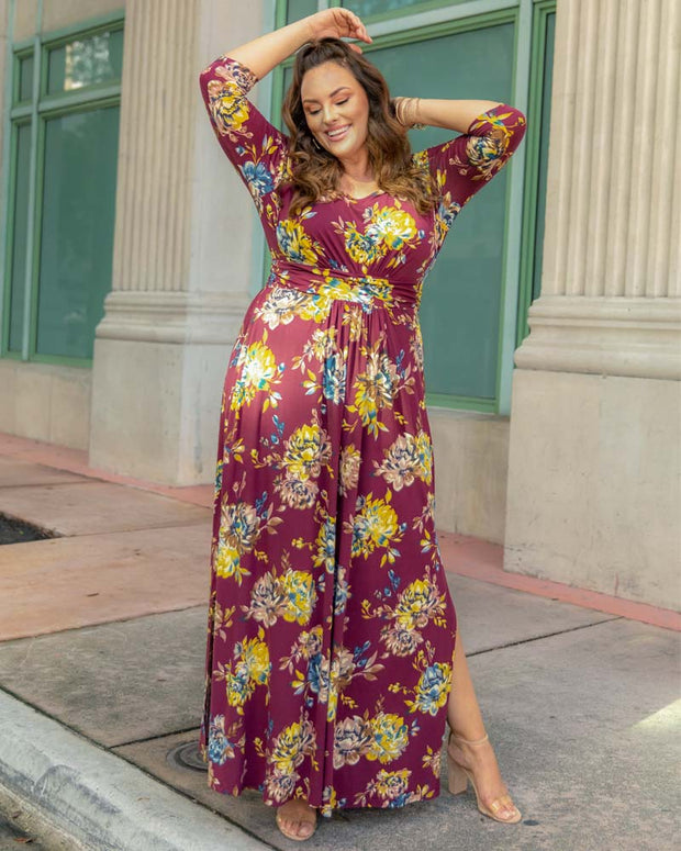 Maya Maxi Dress in Bordeaux Blooms