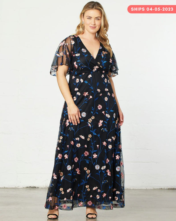 Embroidered Elegance Evening Gown in Midnight Meadow