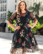 Wildflower Embroidered Dress in Onyx Blooms