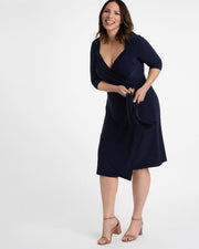 Sweetheart Knit Wrap Dress in Navy Blue