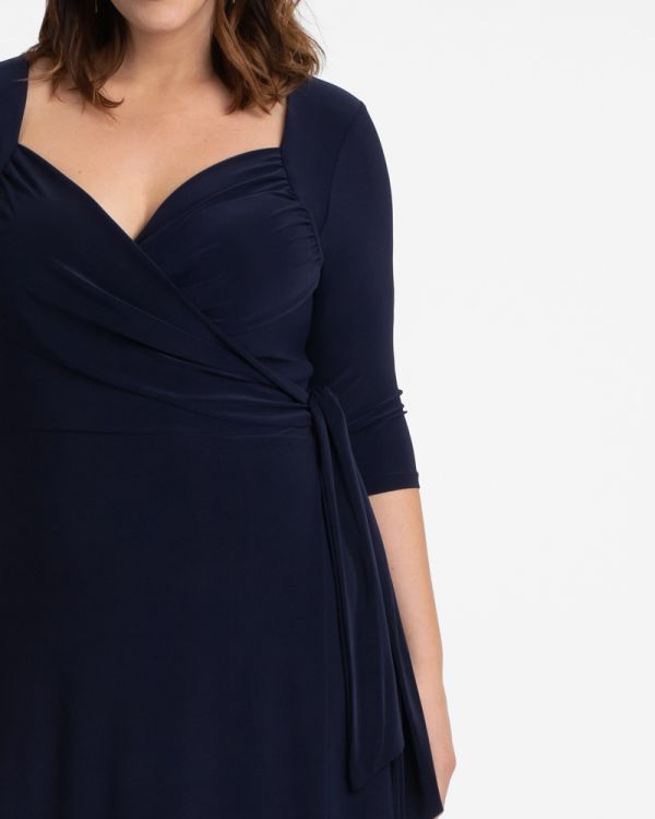 Sweetheart Knit Wrap Dress in Navy Blue